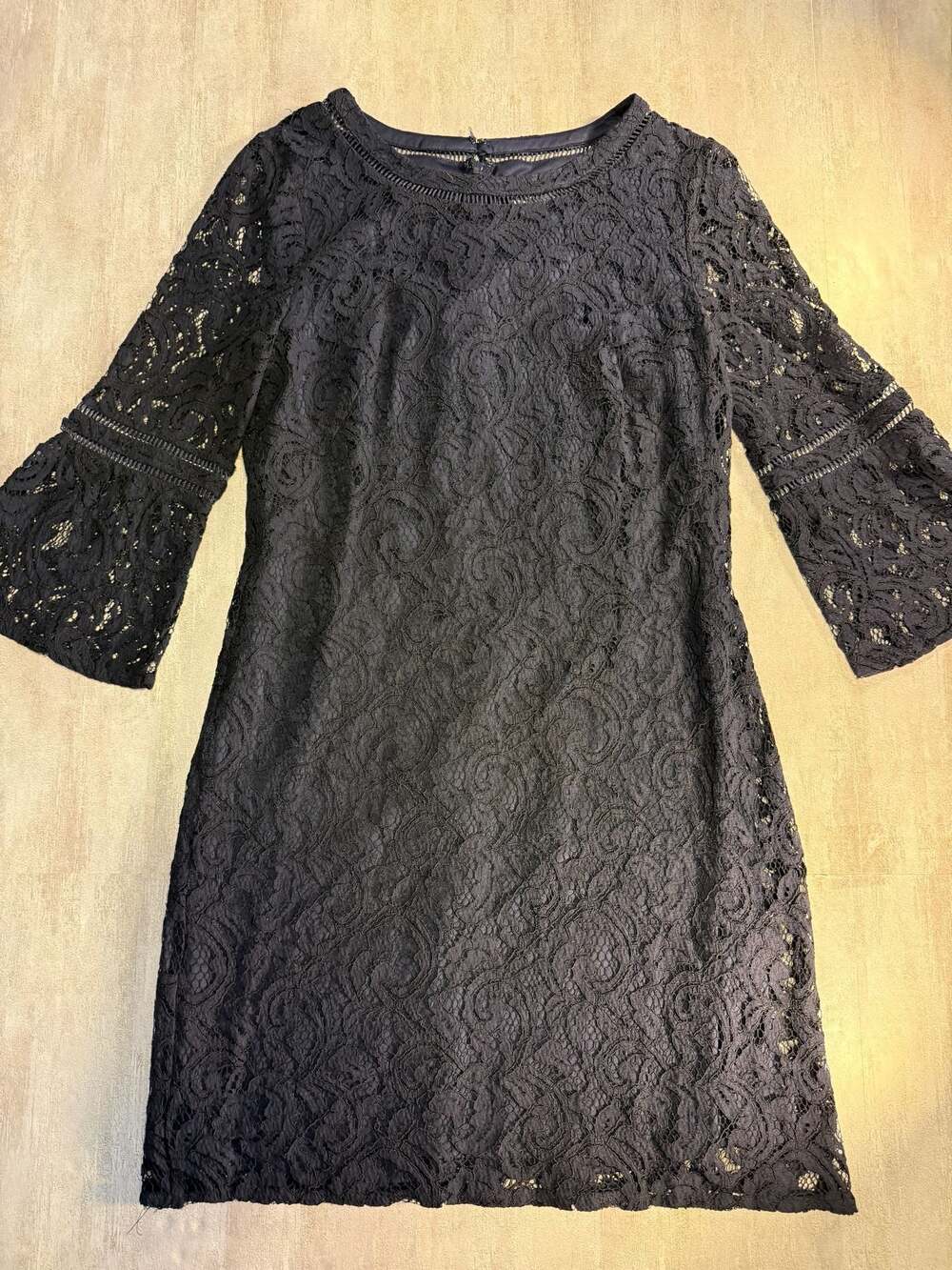 Adrianna Papell Navy Blue Lace Bell Sleeve Sheath Dress Size 10